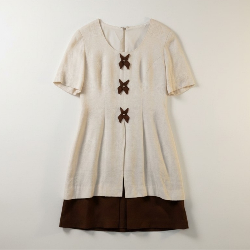 Vintage Cream Textured Linen-Feel Dress with Brown Bow Details